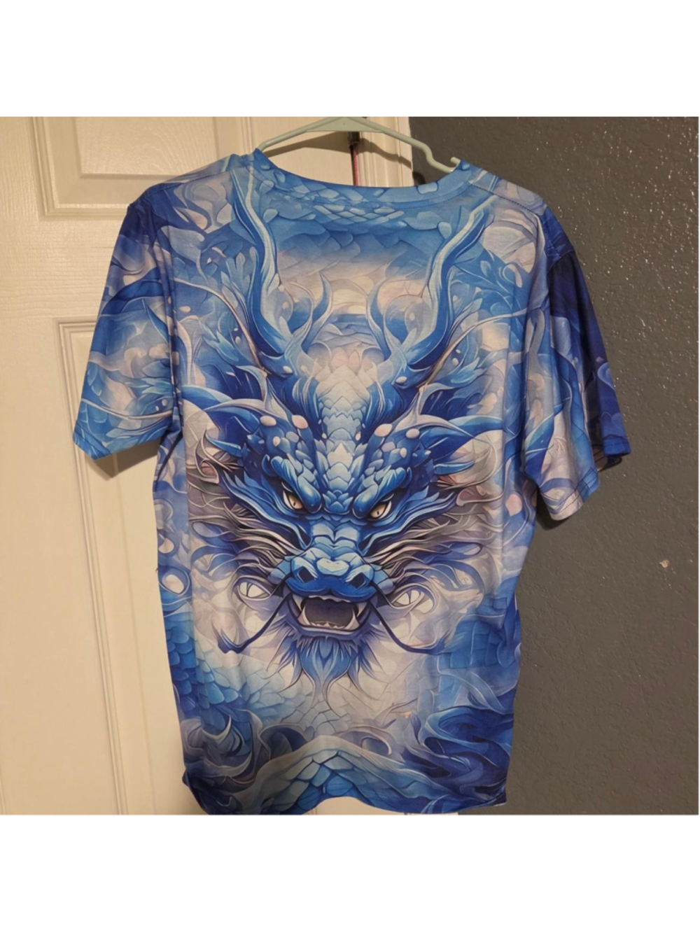 Blue Graphic Tee with White and Blue Dragon Design - Picture 2 of 2